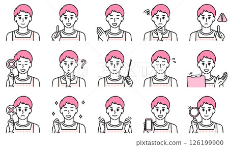 Illustration set of a male nursery teacher wearing an apron expressing emotions with facial expressions and poses 126199900