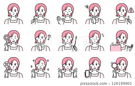 Illustration set of a female nursery teacher wearing an apron expressing emotions through facial expressions and poses 126199902
