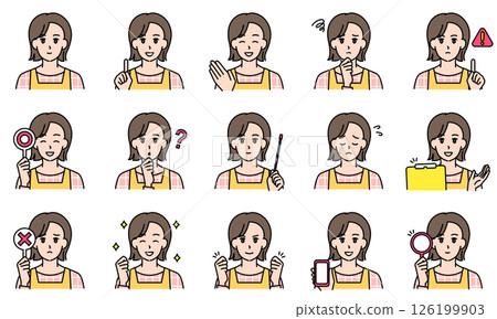 Illustration set of a female nursery teacher wearing an apron expressing emotions through facial expressions and poses 126199903