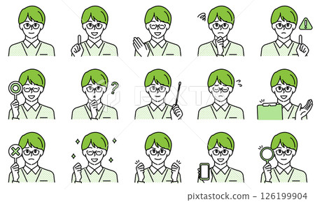 Illustration set of a male caregiver wearing a shirt expressing emotions with facial expressions and poses 126199904