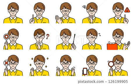 Illustration set of a male caregiver wearing a shirt expressing emotions with facial expressions and poses Illustration set of a male caregiver wearing a shirt expressing emotions with facial expressions and poses 126199905