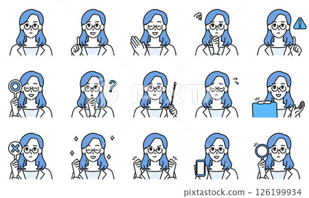 Illustration set of a female doctor wearing a white coat expressing emotions through facial expressions and poses Illustration set of a female doctor wearing a white coat expressing emotions through facial expressions and poses 126199934