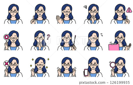 插圖組一位身穿白大褂的女醫生透過臉部表情和姿勢表達情緒 126199935