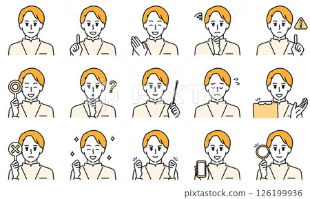 插圖組:一位身穿白大褂的男護士透過臉部表情和姿勢表達情緒 插圖組:一位身穿白大褂的男護士透過臉部表情和姿勢表達情緒 126199936