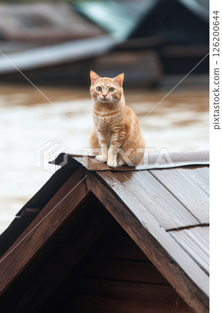 closeup wooden structure cat sitting orange 126200644