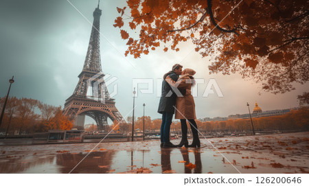 photograph couple sharing intimate moment eiffel 126200646