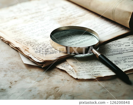 Magnifying glass resting on old handwritten documents 126200848