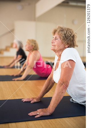 Senior lady with group of aged women doing Upward Facing Dog yoga pose 126201379
