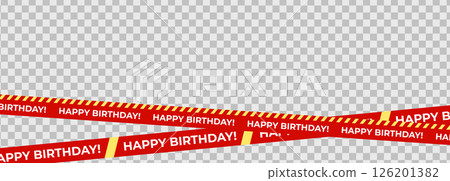 Birthday tape with red diagonal ribbons, bold Happy Birthday text, festive vibe, party caution concept. Perfect for invitations, cards, banners, packaging, events. Isolated vector illustration. Birthday tape with red diagonal ribbons, bold Happy Birthday text, festive vibe, party caution concept. Perfect for invitations, cards, banners, packaging, events. Isolated vector illustration. 126201382
