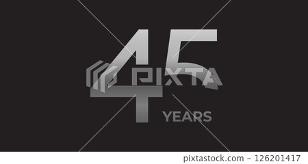 Sharp angled number 45 years in silver, strong geometric logo reflects experience, achievement. Corporate badge for 45-year milestones, commemorative branding. Vector illustration. 126201417