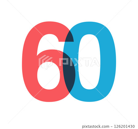 Overlapping red and blue 60 digits with transparent effect, evokes modernity, joy, energy. Anniversary number design for branding, event graphics, promotional materials. Vector illustration. Overlapping red and blue 60 digits with transparent effect, evokes modernity, joy, energy. Anniversary number design for branding, event graphics, promotional materials. Vector illustration. 126201430