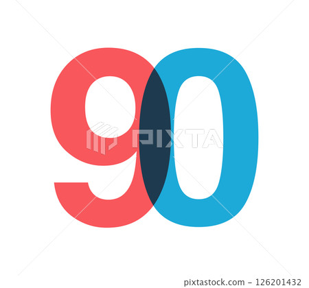 Overlapping red and blue 90 digits with transparent effect, evokes modernity, joy, energy. Anniversary number design for branding, event graphics, promotional materials. Vector illustration. 126201432
