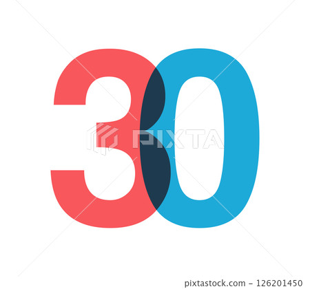 Overlapping red and blue 30 digits with transparent effect, evokes modernity, joy, energy. Anniversary number design for branding, event graphics, promotional materials. Vector illustration. 126201450