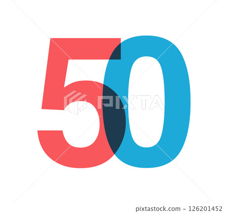 Overlapping red and blue 50 digits with transparent effect, evokes modernity, joy, energy. Anniversary number design for branding, event graphics, promotional materials. Vector illustration. Overlapping red and blue 50 digits with transparent effect, evokes modernity, joy, energy. Anniversary number design for branding, event graphics, promotional materials. Vector illustration. 126201452
