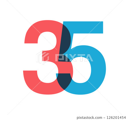 Overlapping red and blue 35 digits with transparent effect, evokes modernity, joy, energy. Anniversary number design for branding, event graphics, promotional materials. Vector illustration. Overlapping red and blue 35 digits with transparent effect, evokes modernity, joy, energy. Anniversary number design for branding, event graphics, promotional materials. Vector illustration. 126201454