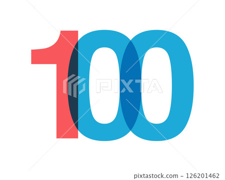 Overlapping red and blue 100 digits with transparent effect, evokes modernity, joy, energy. Anniversary number design for branding, event graphics, promotional materials. Vector illustration. 126201462