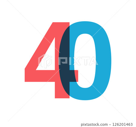 Overlapping red and blue 40 digits with transparent effect, evokes modernity, joy, energy. Anniversary number design for branding, event graphics, promotional materials. Vector illustration. 126201463