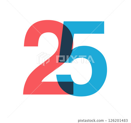 Overlapping red and blue 25 digits with transparent effect, evokes modernity, joy, energy. Anniversary number design for branding, event graphics, promotional materials. Vector illustration. 126201483
