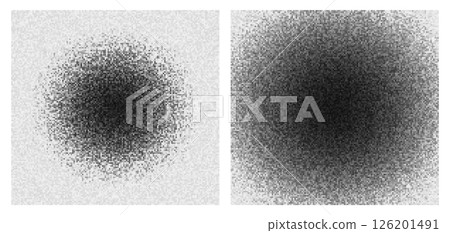 Pixel censor noise blobs. Two circular dark distortions simulate digital blackout or restricted data zones in modern glitch aesthetic. Vector illustration. 126201491