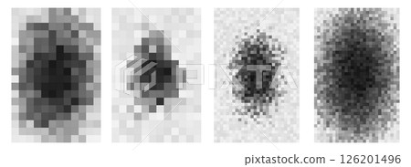 Pixelated censor noise blob, abstract neural cluster. Grayscale distortion simulating blocked data, glitch effect, content privacy or media censorship. Futuristic tech style. Vector illustration. 126201496