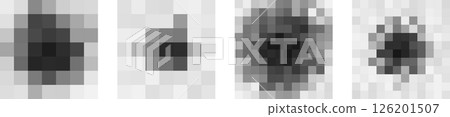Censorship pixel noise blobs in variations. Four center-focused blur shapes simulating blocked content, glitch filter or privacy masking. Abstract tech interface style. Vector illustration. 126201507