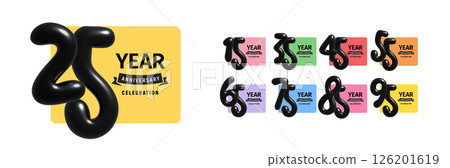 Glossy inflated numbers forming celebration years, playful modern style, joyful mood. Used for birthday, anniversary, festive banners. 3D cartoon glossy style, vector illustration. Glossy inflated numbers forming celebration years, playful modern style, joyful mood. Used for birthday, anniversary, festive banners. 3D cartoon glossy style, vector illustration. 126201619