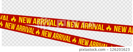 New arrival banner with flame icons and bold red tape on transparent background. Hot product launch or sale alert for store ads and digital promotions. Vector illustration. 126201623