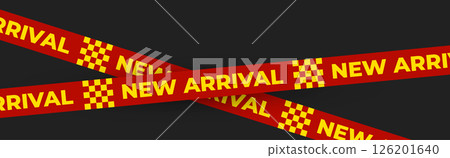 New arrival banner with flame icons on bold red tape. Hot sale promotion for store marketing, product launch, advertising use. Vector illustration. New arrival banner with flame icons on bold red tape. Hot sale promotion for store marketing, product launch, advertising use. Vector illustration. 126201640