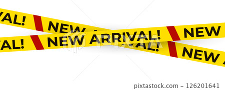 New arrival banner with bold exclamation mark on yellow tape and red accents. Eye-catching retail element for sale announcements, store promotions. Vector illustration New arrival banner with bold exclamation mark on yellow tape and red accents. Eye-catching retail element for sale announcements, store promotions. Vector illustration 126201641