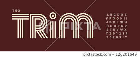 Vintage stripes logo font, retro linear alphabet, art deco retro style with bold geometry letters for timeless fashion branding, elegant sport typography, stylish typographic design. Vector typeset. Vintage stripes logo font, retro linear alphabet, art deco retro style with bold geometry letters for timeless fashion branding, elegant sport typography, stylish typographic design. Vector typeset. 126201649