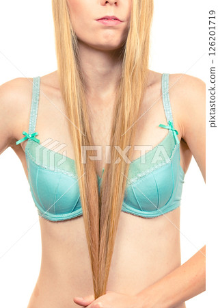 Girl long blond hair wearing bra 126201719