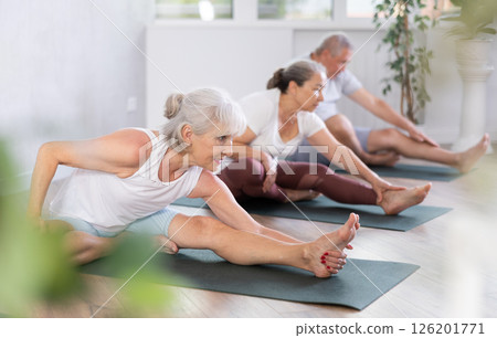Elderly woman stretches and prepares to perform Jana Shirshasana 126201771
