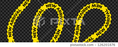 Curved new arrival ribbon banner in yellow with bold black text. Swirled loop tape for product launch promotions, digital ads, and store highlights. Vector illustration. 126201876