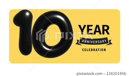 10 Year Anniversary Celebration Banner With Glossy Black Balloon Numbers And Yellow Background. Ideal For Milestone Events And Invitations. Vector Illustration. 126201956