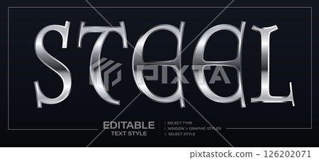 Chrome Steel Text Effect With Polished Metallic Finish And Classic Typeface, Ideal For Technology, Gaming, Or Industrial Branding. Fully Editable. Vector Illustration. 126202071