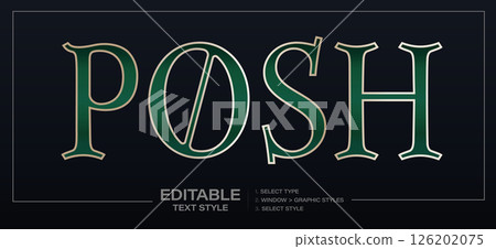 Elegant Green Text Effect With Classic Serif Style And Gold Outline, Ideal For Premium Branding, Packaging, Or Invitations. Fully Editable Graphic. Vector Illustration 126202075