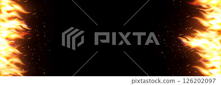 Burning flame border with glowing fire on both sides. Hot dramatic background with sparks, heat and fiery energy. Vertical banner frame. Vector illustration 126202097