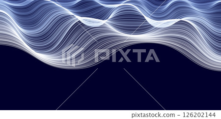 Abstract flowing wave lines on dark background. Waving clouds. Futuristic glowing motion pattern, stylish minimal texture for banners, websites, hi-tech visuals. Vector illustration 126202144
