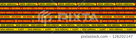 New arrival sale tape set with flame, lightning, checker blocks. Seamless repeating ribbons for promo banners, ecommerce ads, mobile UI. Bold urgent style. Vector illustration. New arrival sale tape set with flame, lightning, checker blocks. Seamless repeating ribbons for promo banners, ecommerce ads, mobile UI. Bold urgent style. Vector illustration. 126202147