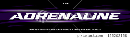 Adrenaline Font, Bold Racing Typeface, Fast Display Letters for Sports Logo Design, Aggressive Motion Headline, Athletic Branding. Extreme Speed Typography, Power Typographic Design. Vector alphabet 126202168
