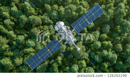High angle view of a satellite equipped with solar panels orbits above a dense forest 126202290