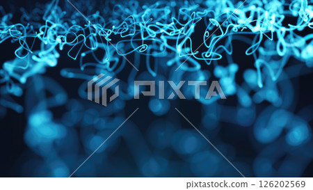 Bright blue glowing light trails swirling and flowing dynamically in a dark, futuristic design backdrop 126202569