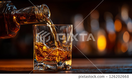 Golden premium whiskey poured into a crystal glass | Fantastic glow 126202668