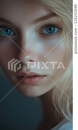 Blonde woman with soft facial features and striking blue eyes captured in close-up portrait under natural light conditions 126202696