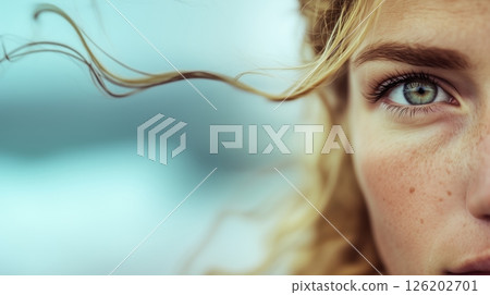 Portrait of a young blonde woman with captivating blue eyes and soft features, captured in a candid moment outdoors 126202701