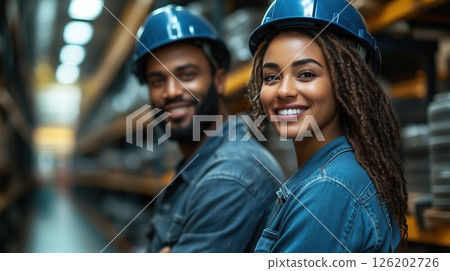Male and female warehouse clerks show teamwork and positivity in storage area wearing dark blue safety helmets 126202726