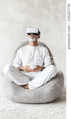 Enjoying virtual reality in a serene white room for meditation and relaxation 126202736