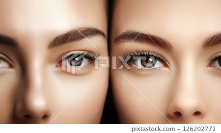 Comparison of natural and false eyelashes highlighting the dramatic difference in appearance between the two styles 126202771