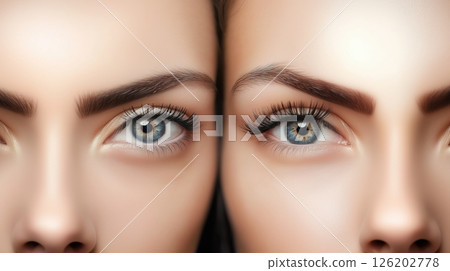 Comparison of natural and false eyelashes highlighting the contrasting effects on women's eyes 126202778
