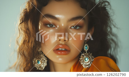 Kazakh model showcases stunning glossy skin and elegant earrings in a Vogue editorial beauty shot 126202790